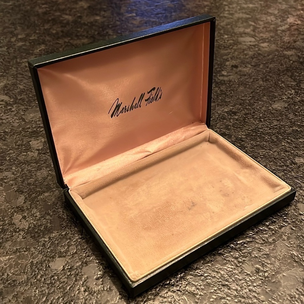 Marshall Fields 7.25” x 5” Green Leather Jewelry Velvet Padded Box